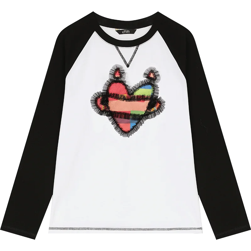 VILZSTUDIOS Patchwork Heart Printed Raglan Long Sleeve Top