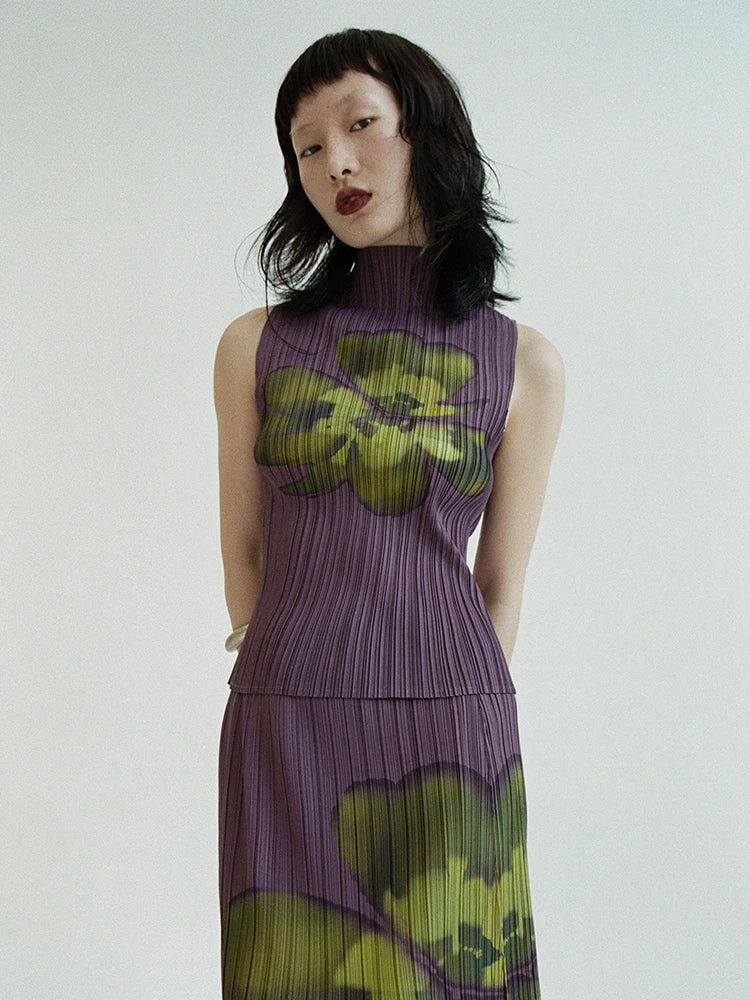 VILZSTUDIOS Pleated Floral Purple Summer Outfit Set