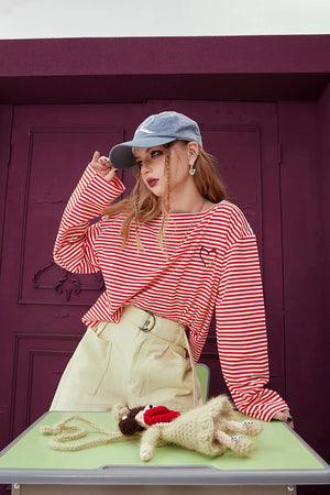 VILZSTUDIOS Monochrome Striped Love Embroidered Top