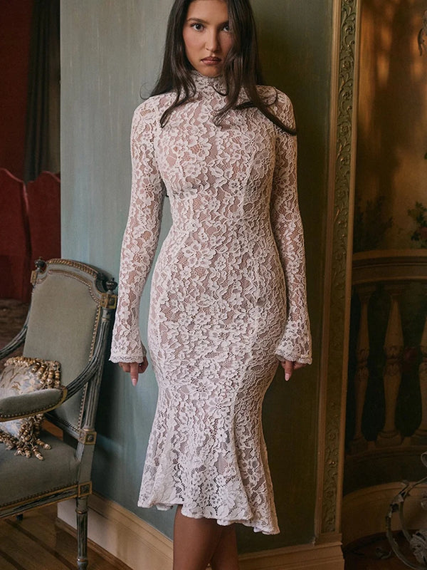 Elegant Floral Lace Long Sleeve Dress