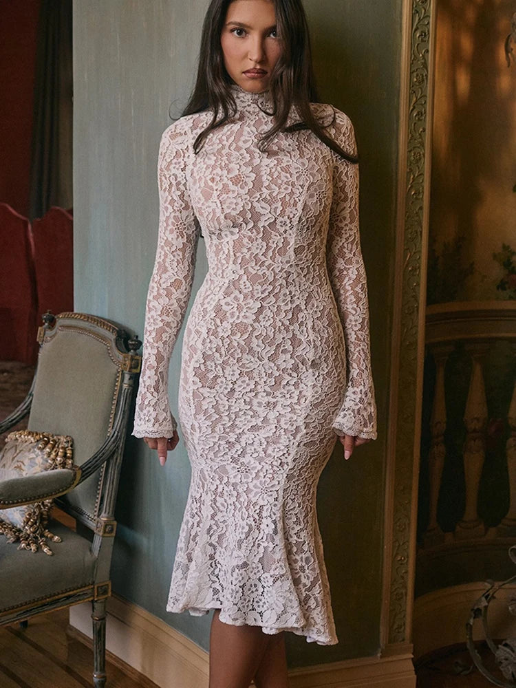 VILZSTUDIOS Elegant Floral Lace Long Sleeve Dress