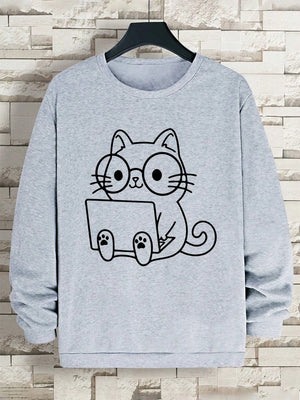 VILZSTUDIOS Nerdy Cat Print Loose Long Sleeve Top