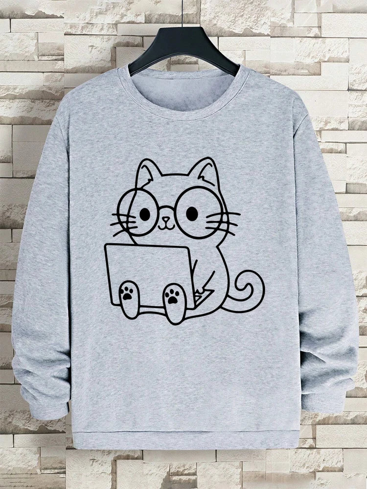 VILZSTUDIOS Nerdy Cat Print Loose Long Sleeve Top
