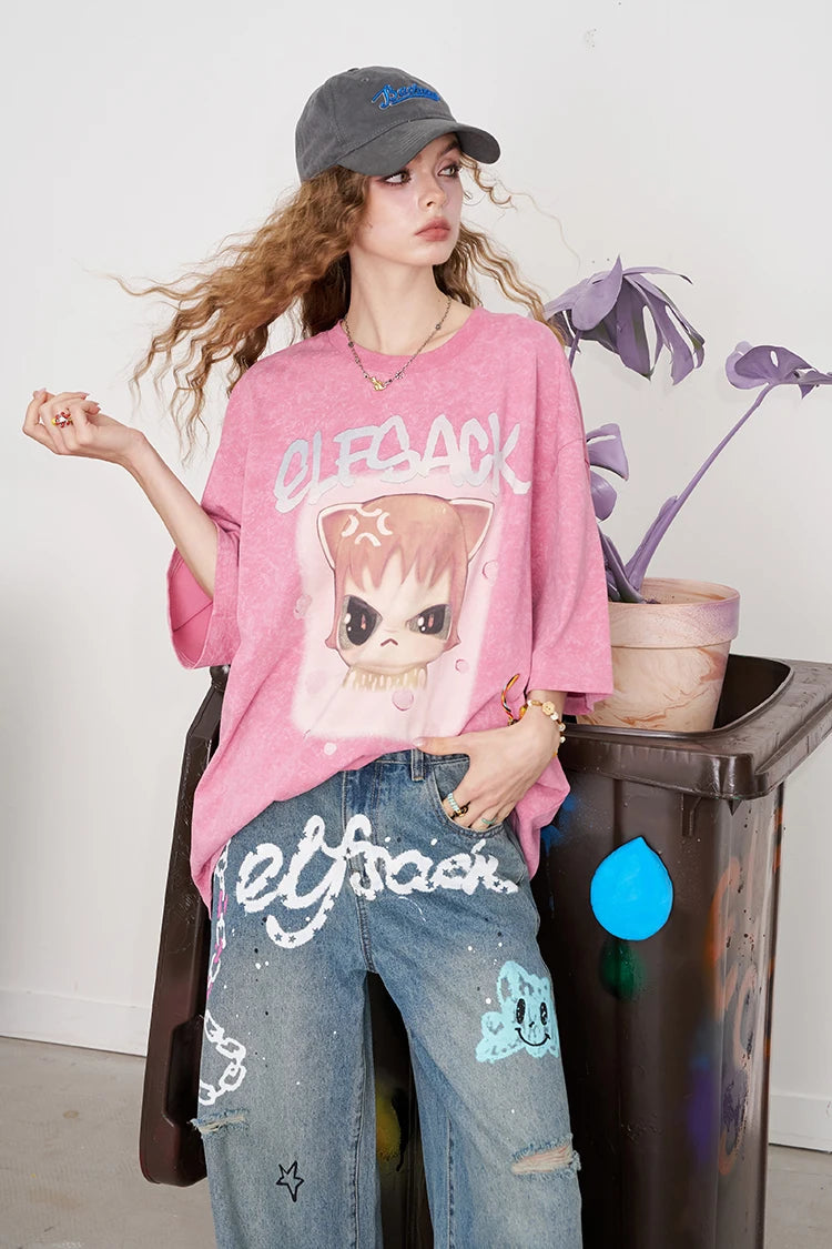 VILZSTUDIOS Whimsical Pink Cartoon Print T-Shirt