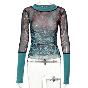 VILZSTUDIOS Sheer Mesh Patchwork Long Sleeve T-Shirt