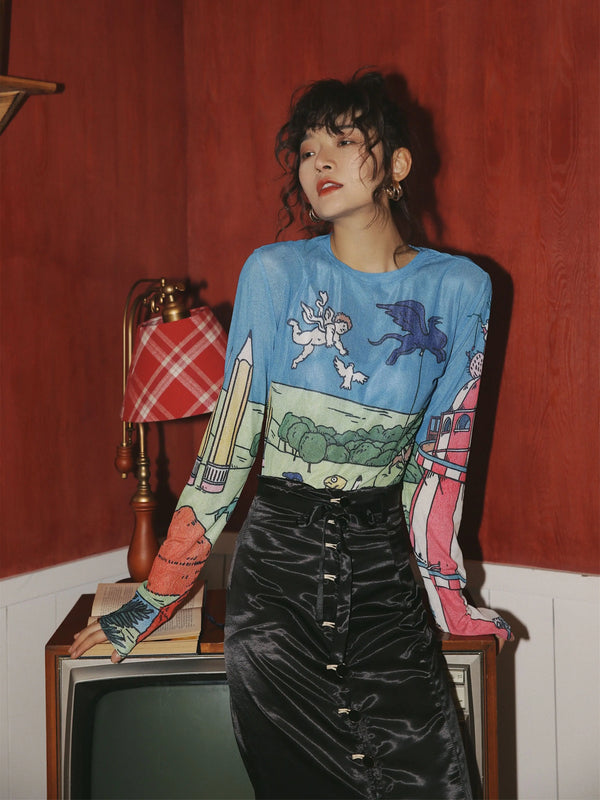 Sheer Mesh Long Sleeve Graphic T-Shirt
