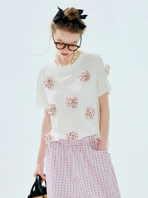 VILZSTUDIOS Elegant White Floral Applique Short T-Shirt