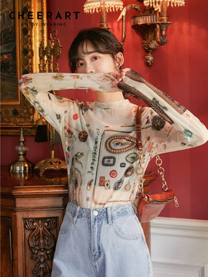 VILZSTUDIOS Mystical Graphic Long Sleeve Mesh Top