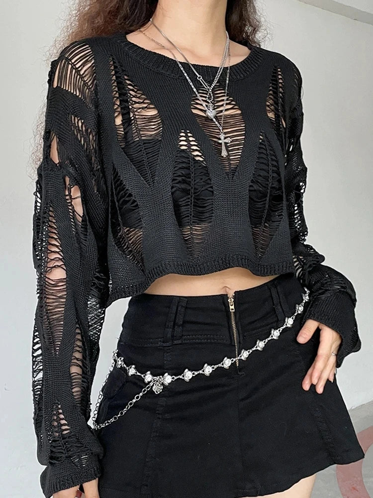 VILZSTUDIOS Gothic Black Sexy Knitted Crop Sweater