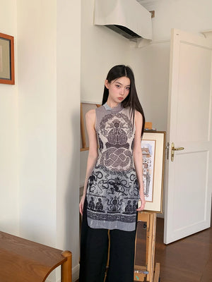 VILZSTUDIOS Snake Graphic Sleeveless Mesh Turtleneck Tank Top