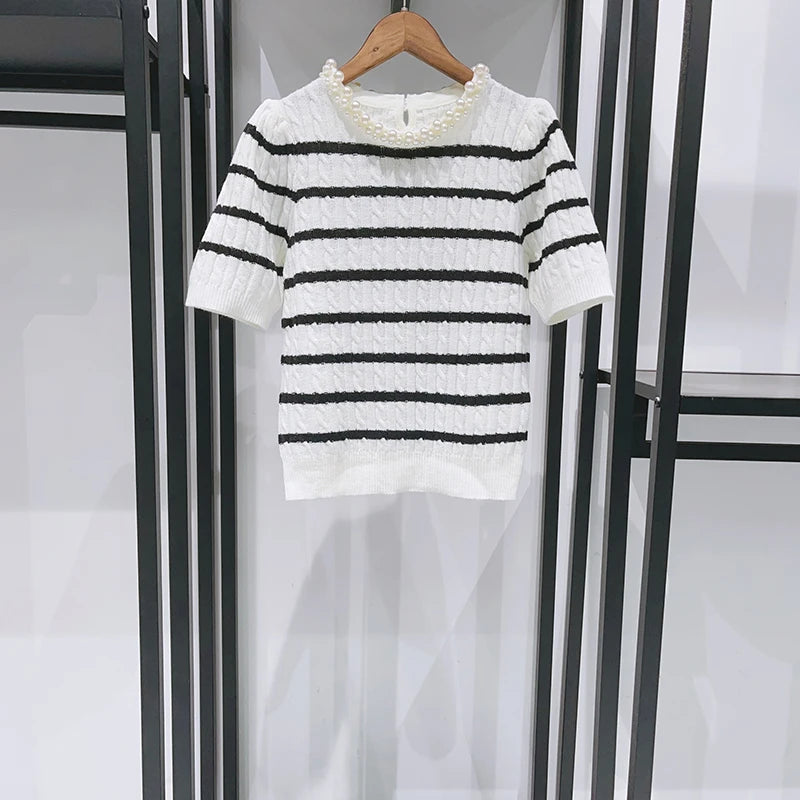 VILZSTUDIOS Striped Round Neck Knit Slim Sweater