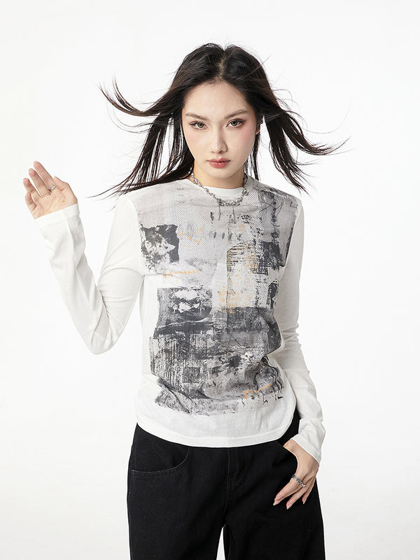 Vintage White Graphic Long Sleeve Top