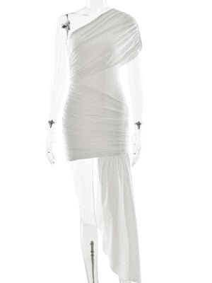 VILZSTUDIOS Elegant Irregular Ribbon Ruched White Dress