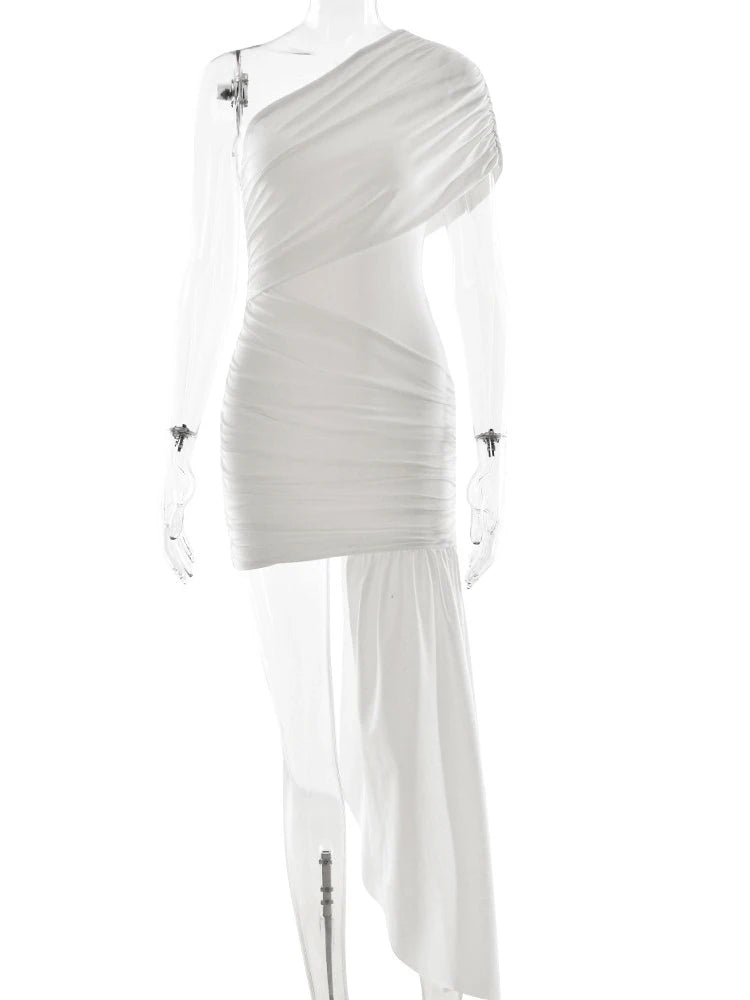 VILZSTUDIOS Elegant Irregular Ribbon Ruched White Dress
