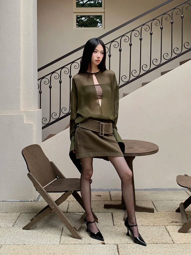 VILZSTUDIOS Elegant Green Sheer Blouse & Mini Skirt