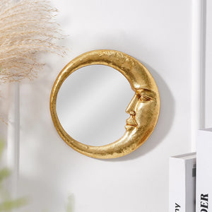VILZSTUDIOS 1PC, resin material gold face meniscus round decorative hanging mirror, decorative home art pendant, creative makeup mirror.
