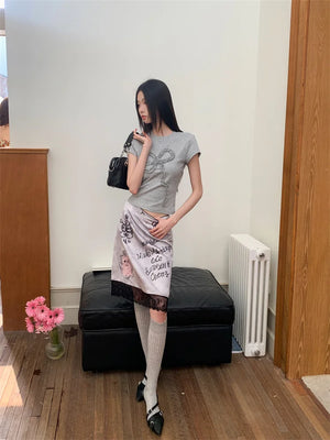 VILZSTUDIOS Stylish Grey Summer Short Sleeve T-Shirt With Lace Midi Skirt