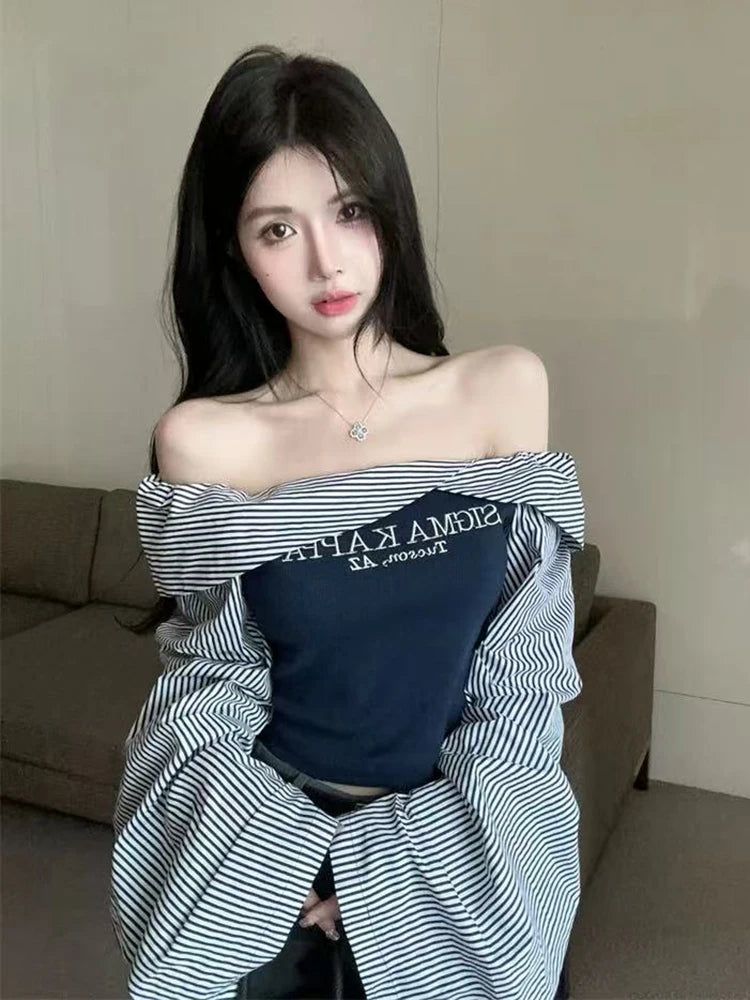 VILZSTUDIOS Chic Slim Striped Sleeves T-Shirt