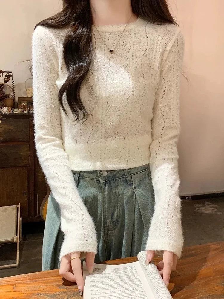 VILZSTUDIOS Lace Hollow Out Slim Long Sleeve Top