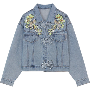 VILZSTUDIOS Stylish Embroidered Flower Button Denim Jacket