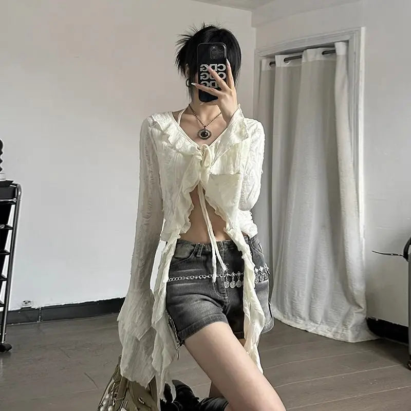 VILZSTUDIOS Fairycore Lace-Up Butterfly Sleeve Blouse