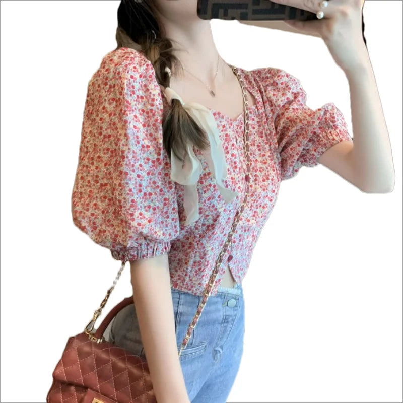 VILZSTUDIOS French Style Floral V-Neck Puff Blouse