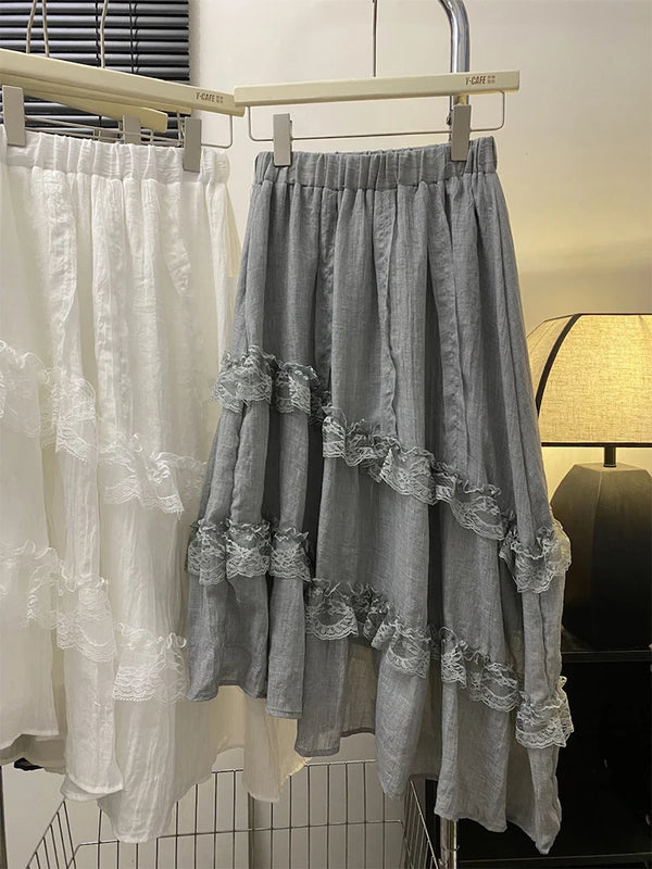 Gray Lace Patchwork High Waist Skirt