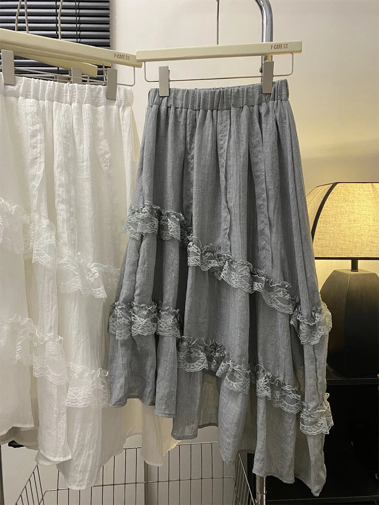 VILZSTUDIOS Gray Lace Patchwork High Waist Skirt