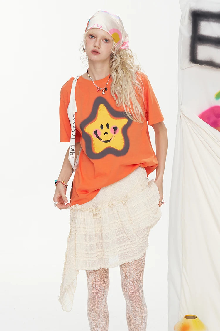 VILZSTUDIOS Smiley Star Print Short Sleeve Casual T-Shirt
