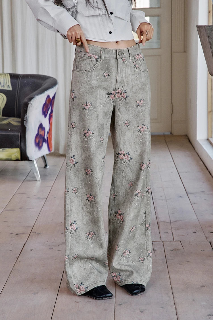 VILZSTUDIOS Retro Flower Printed Wide Leg Jeans