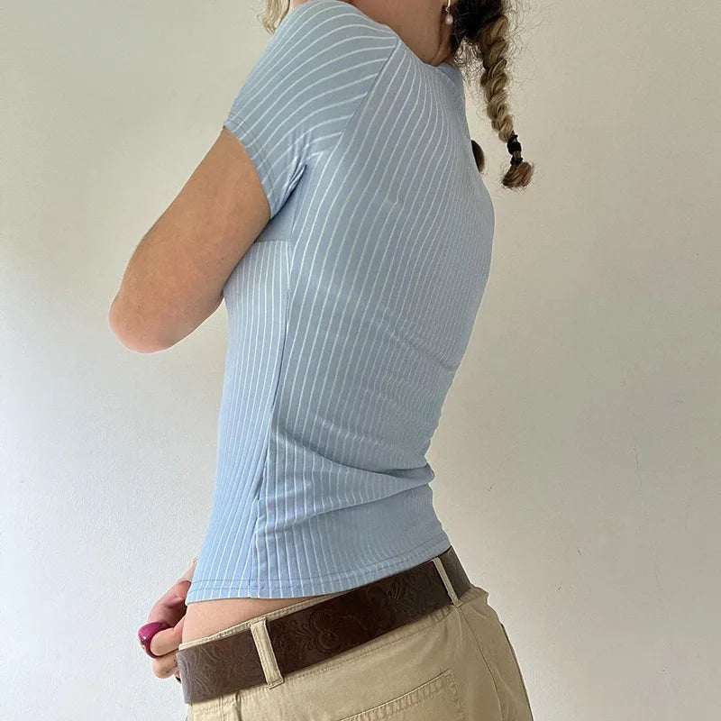 VILZSTUDIOS Blue Stripe Short Sleeve Button-Up Shirt