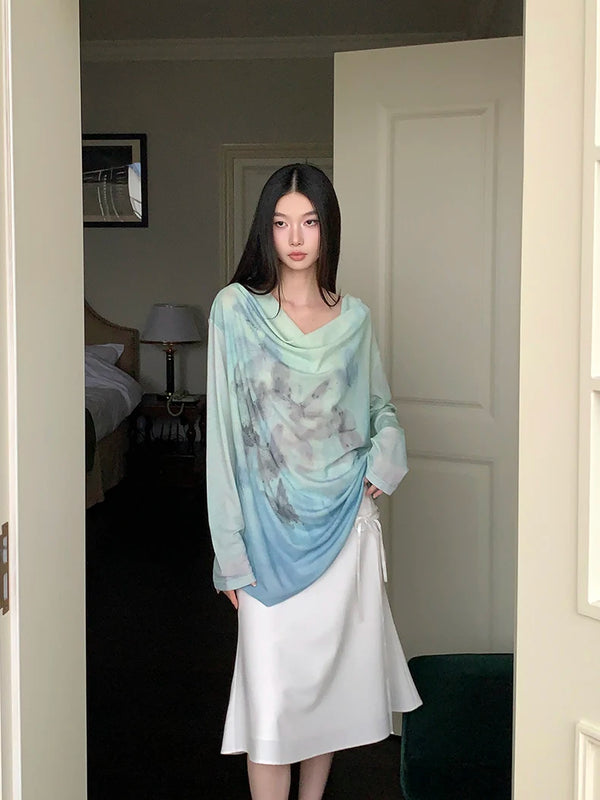 Gradient Oversize Graphic Long Sleeve Top
