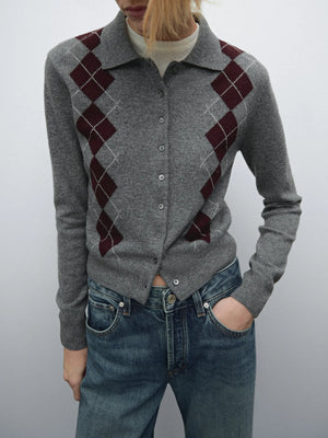 VILZSTUDIOS Grey Polo Collar Knitted Cardigan