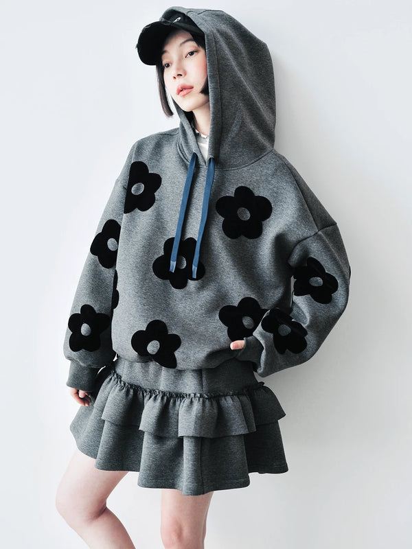 Gray Floral Patch Long Sleeve Hoodie