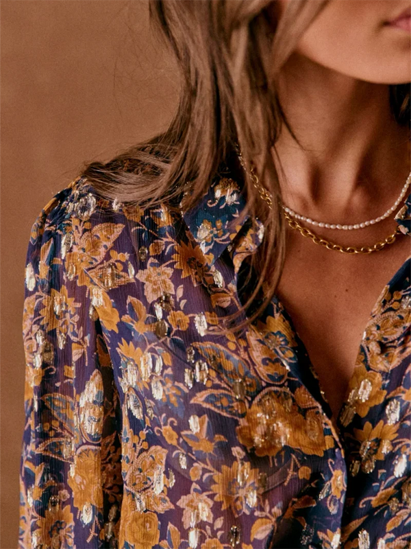 Vintage Floral Print Button-Up Blouse