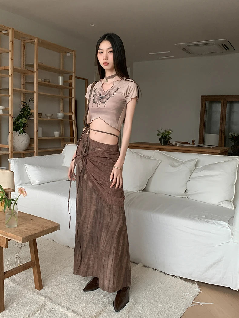 VILZSTUDIOS Brown Tie Dye High Waist Skirt & Top