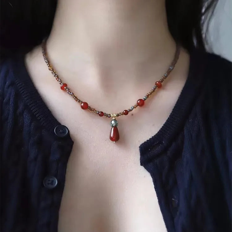 VILZSTUDIOS Ethnic Red Waterdrop Collarbone Necklace