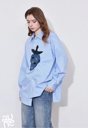 VILZSTUDIOS Striped Strawberry Print Long Sleeve Shirt