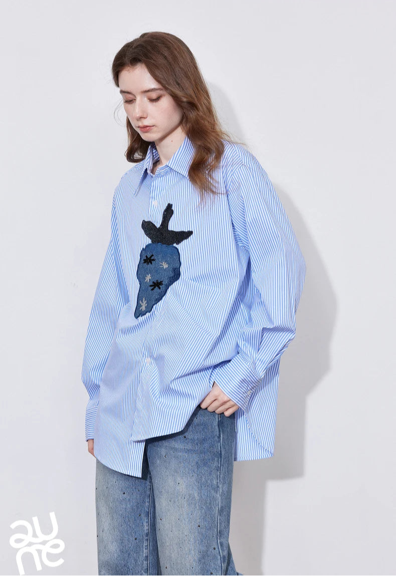 VILZSTUDIOS Striped Strawberry Print Long Sleeve Shirt