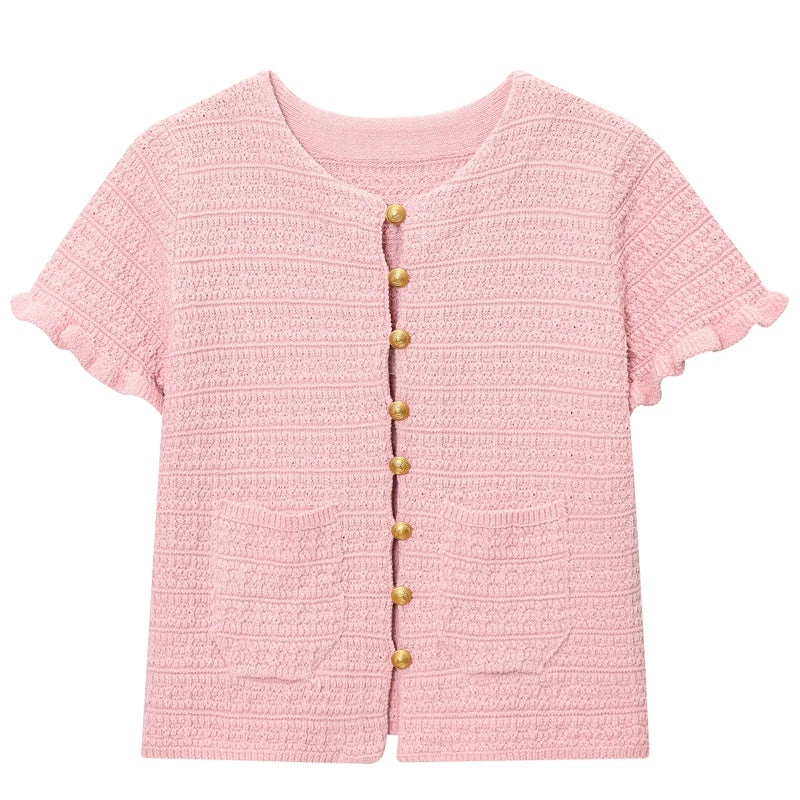 VILZSTUDIOS Elegant Knit Ruffled Button-Up Cardigan