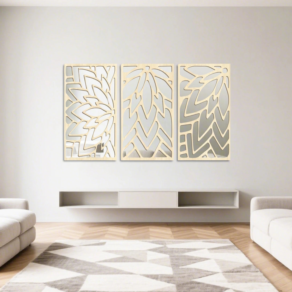 VILZSTUDIOS 3Pcs 2D 16in Wooden Acrylic Double-Layer Wall Mirror Hollow Leaf Design Refined Lifestyle Artistic Home Decorative Mirror