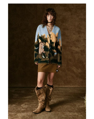 VILZSTUDIOS Wild Horse Oil Painting V-Neck Cardigan