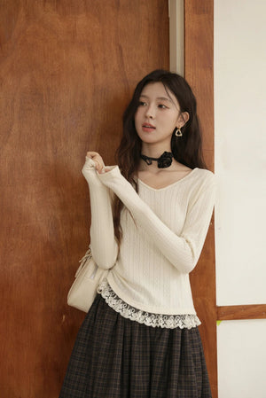 VILZSTUDIOS Hollow Knitted Lace Hem Long Sleeve Top