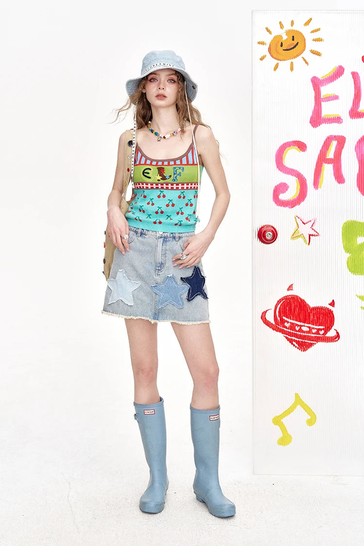 VILZSTUDIOS Stylish Star Print Light Denim Mini Skirt