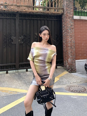 VILZSTUDIOS Gradient Sequin Off Shoulder Blouse & Silver Mini Skirt
