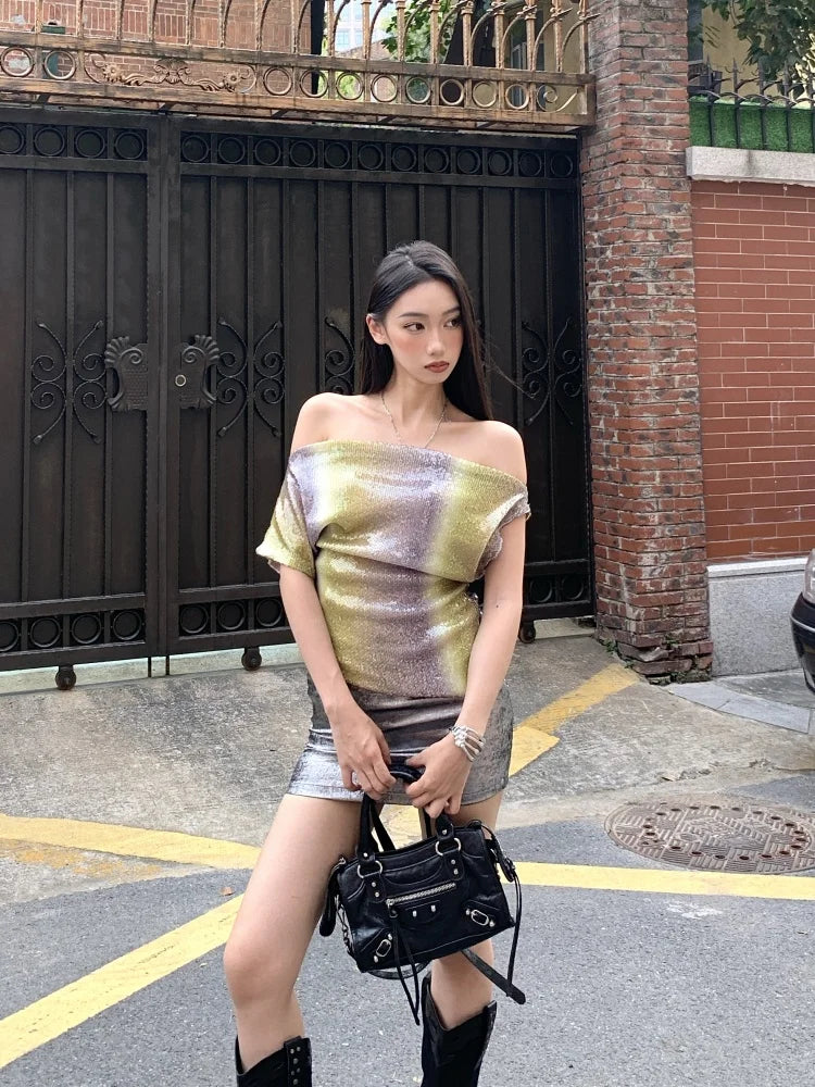VILZSTUDIOS Gradient Sequin Off Shoulder Blouse & Silver Mini Skirt