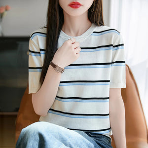 VILZSTUDIOS Striped Cotton Knitted Round Neck T-Shirt