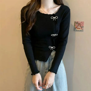 VILZSTUDIOS Irregular Knitted Bow Buttons Sweater