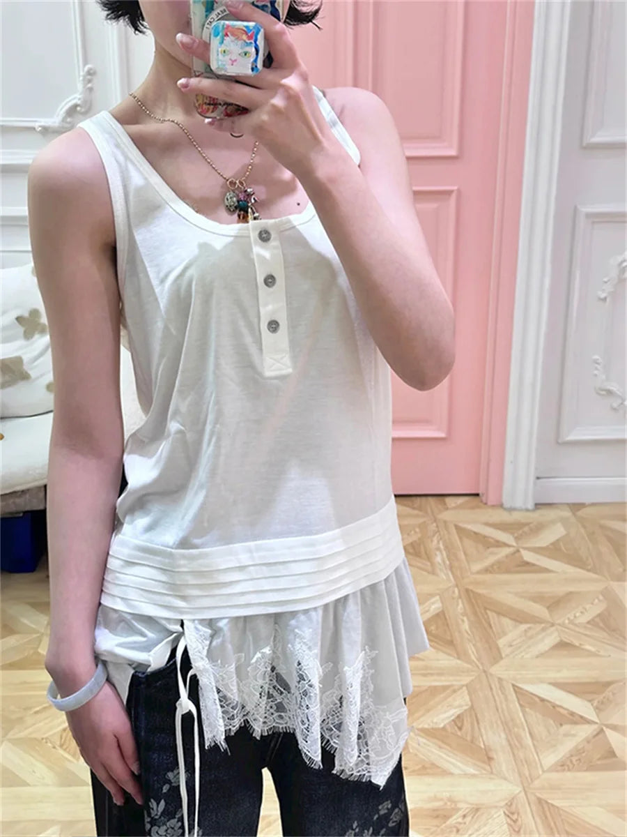 VILZSTUDIOS Sleeveless White Splicing Lace Blouse