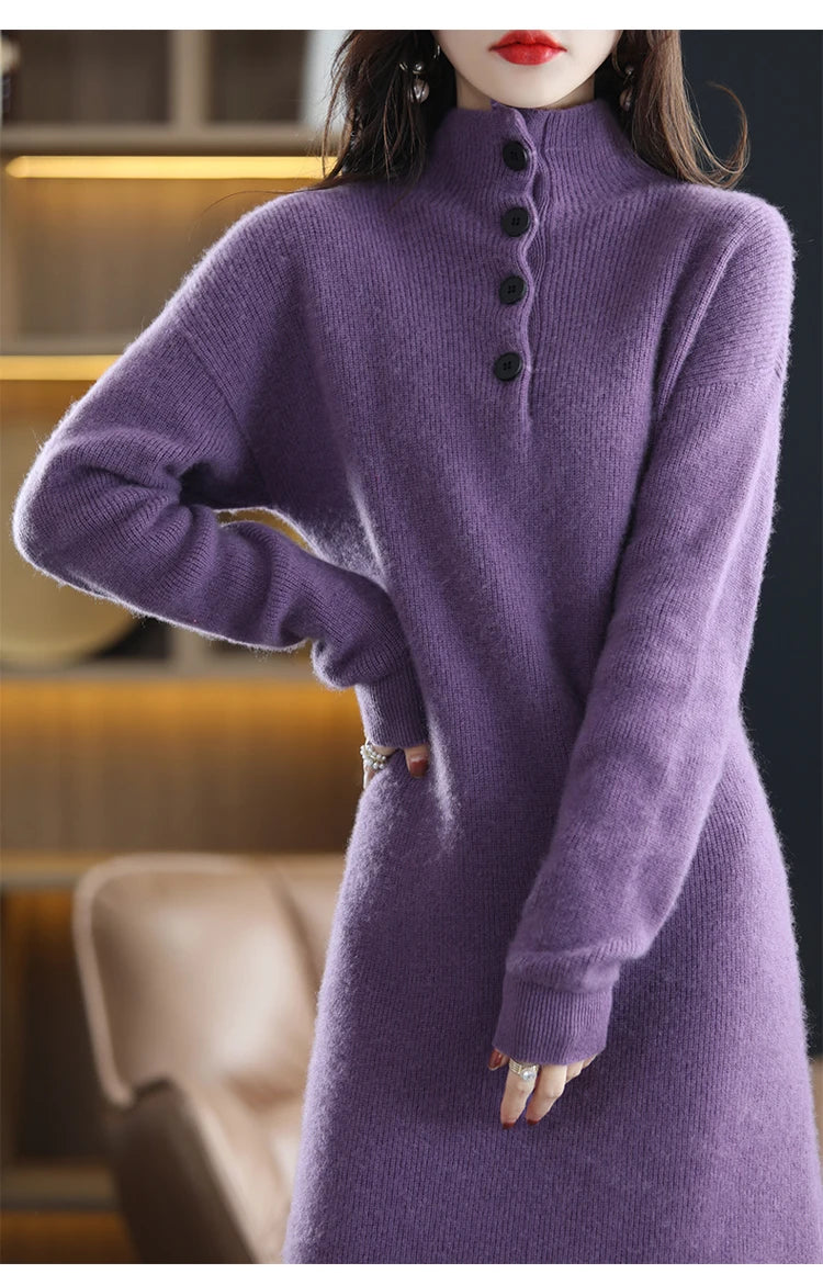 VILZSTUDIOS Elegant Pure Wool Turtleneck Midi Dress